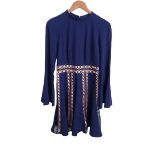 Venus Navy Blue Long Sleeve Midi Dress With Nude Ilusion Detail, Size 6